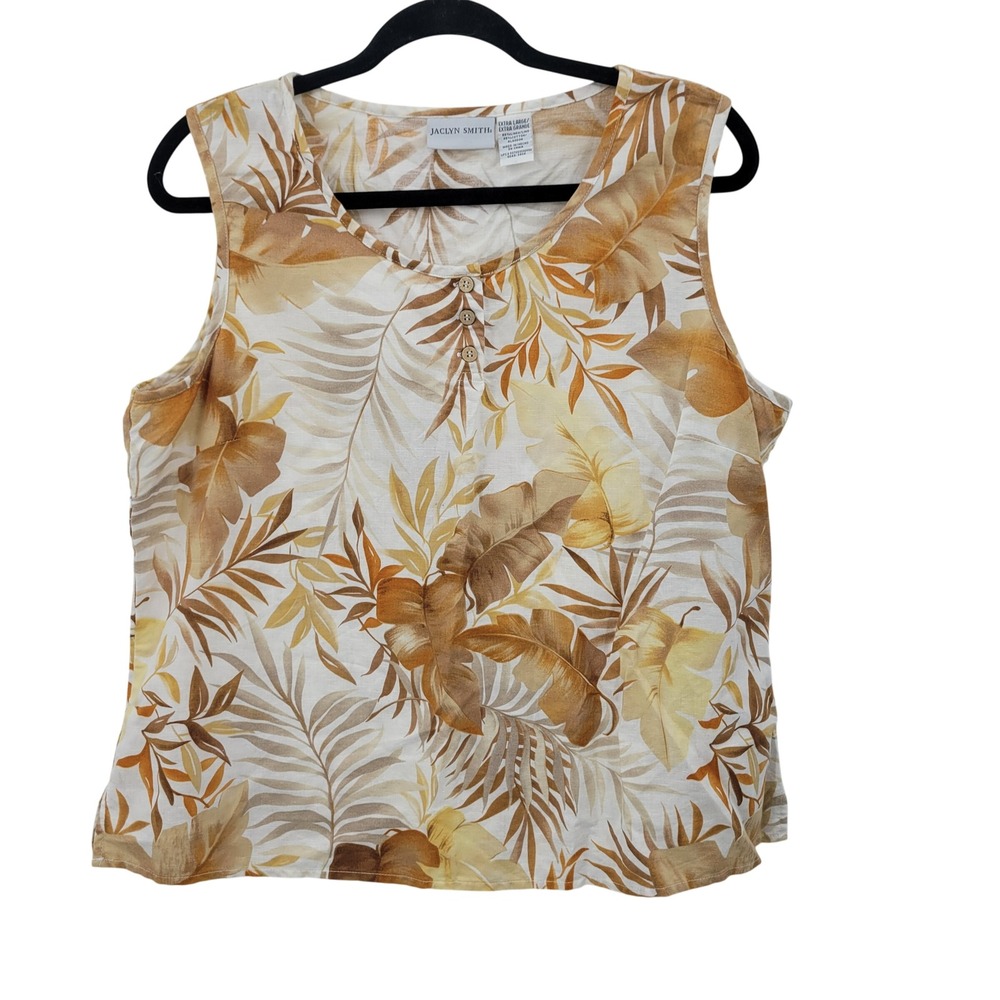 Vtg Resort Cottagecore Earthy Linen Cotton Tropical Leaf Tank Top Sz XL Brown